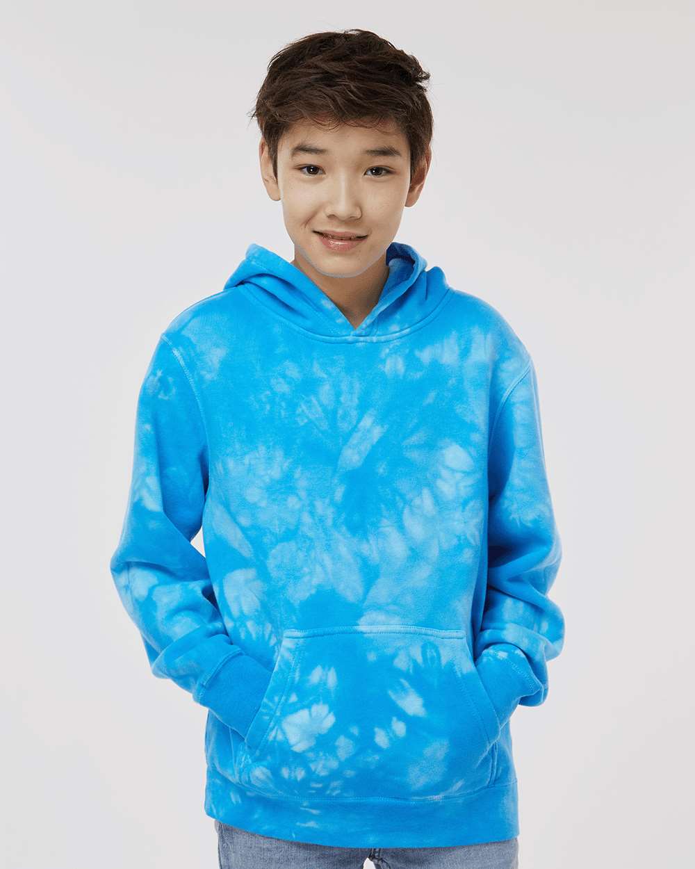 Youth Midweight Tie-Dyed Hooded Sweatshirt - OnModelFront - B03576252 - Tie Dye Aqua Blue