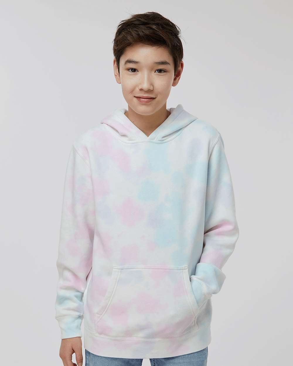 Youth Midweight Tie-Dyed Hooded Sweatshirt - OnModelFront - B03576302 - Tie Dye Cotton Candy
