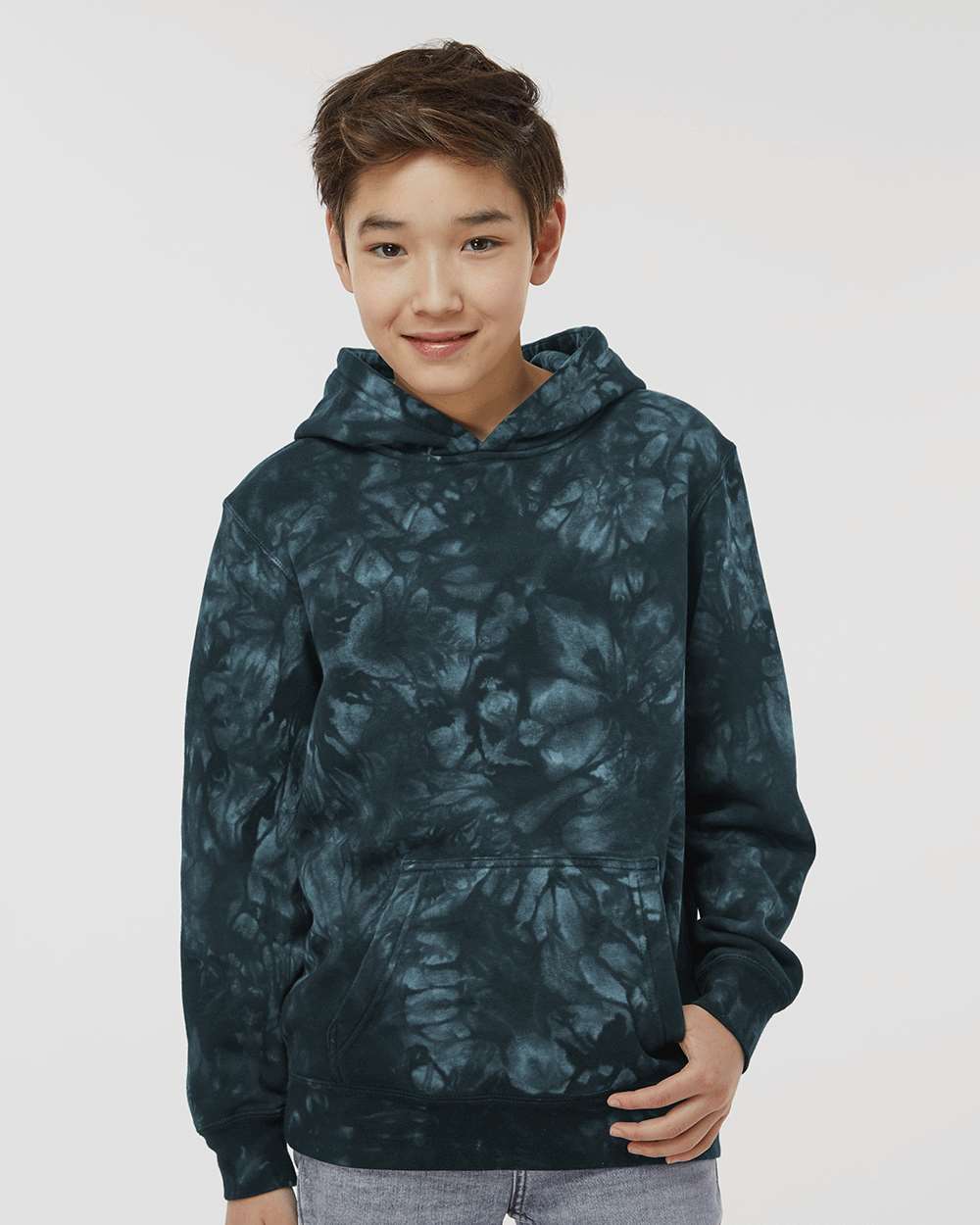 Youth Midweight Tie-Dyed Hooded Sweatshirt - OnModelFront - B03576502 - Tie Dye Black