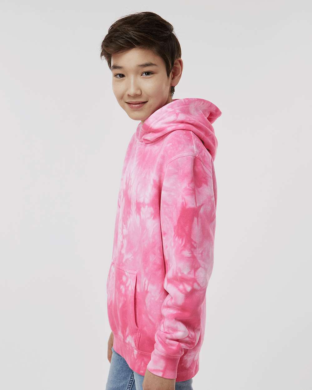 Youth Midweight Tie-Dyed Hooded Sweatshirt - OnModelSide - B03576102 - Tie Dye Pink