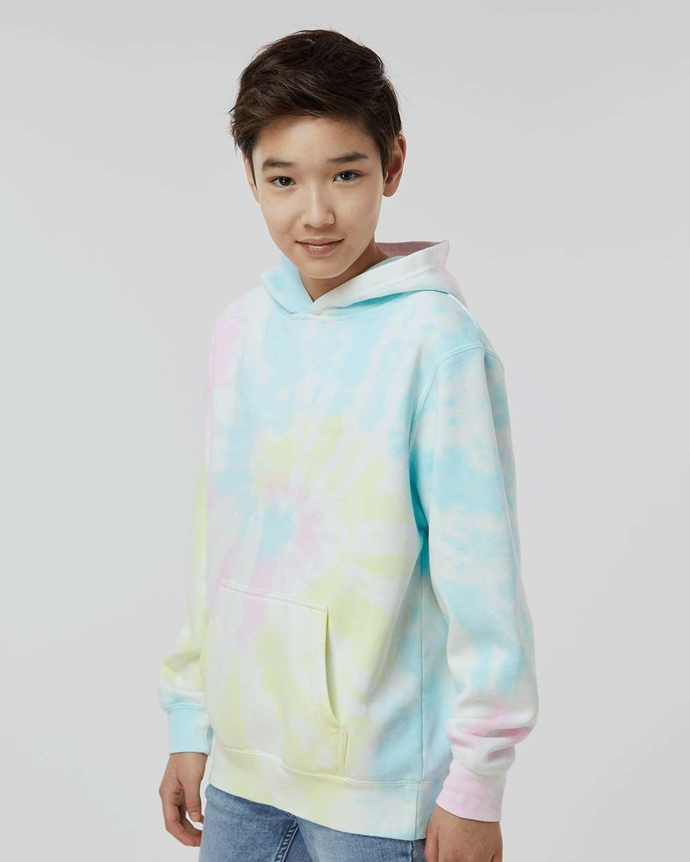 Youth Midweight Tie-Dyed Hooded Sweatshirt - OnModelSide - B03576112 - Tie Dye Sunset Swirl