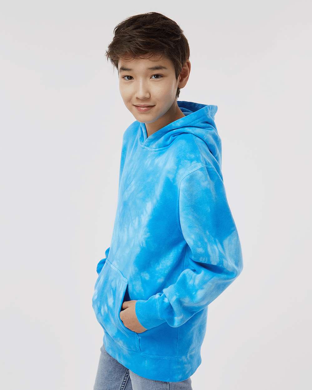 Youth Midweight Tie-Dyed Hooded Sweatshirt - OnModelSide - B03576252 - Tie Dye Aqua Blue