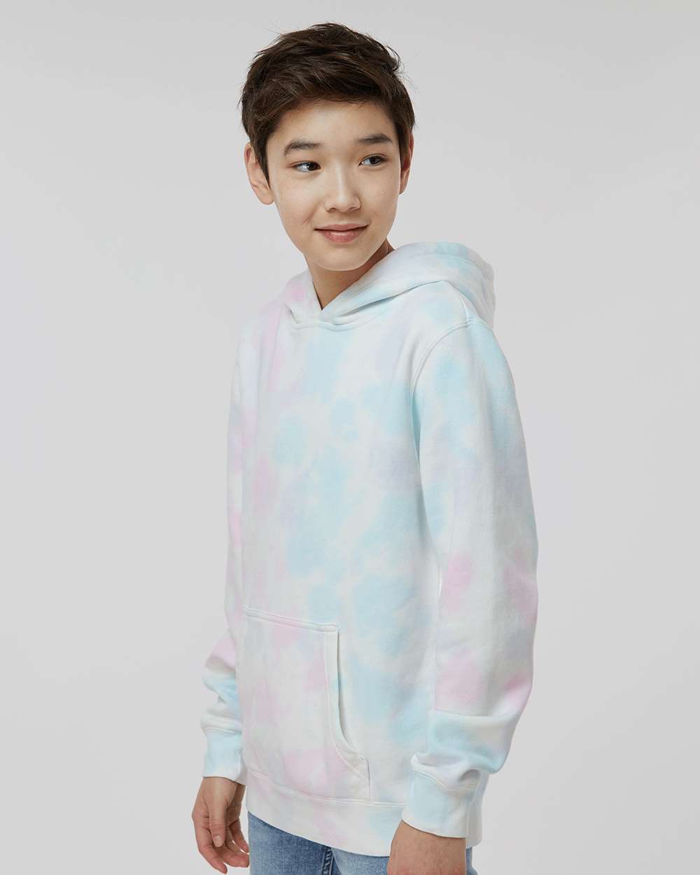 Youth Midweight Tie-Dyed Hooded Sweatshirt - OnModelSide - B03576302 - Tie Dye Cotton Candy