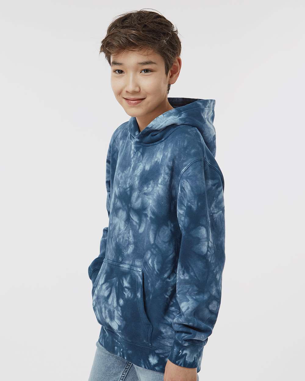 Youth Midweight Tie-Dyed Hooded Sweatshirt - OnModelSide - B03576652 - Tie Dye Navy