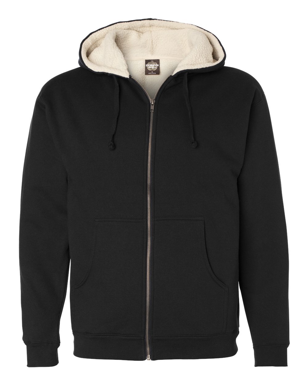 Men's Sherpa-Lined Full-Zip Hooded Sweatshirt - Front - B82076503 - Black/ Natural