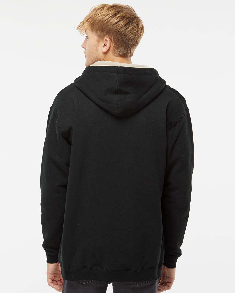 Men's Sherpa-Lined Full-Zip Hooded Sweatshirt - OnModelBack - B82076503 - Black/ Natural