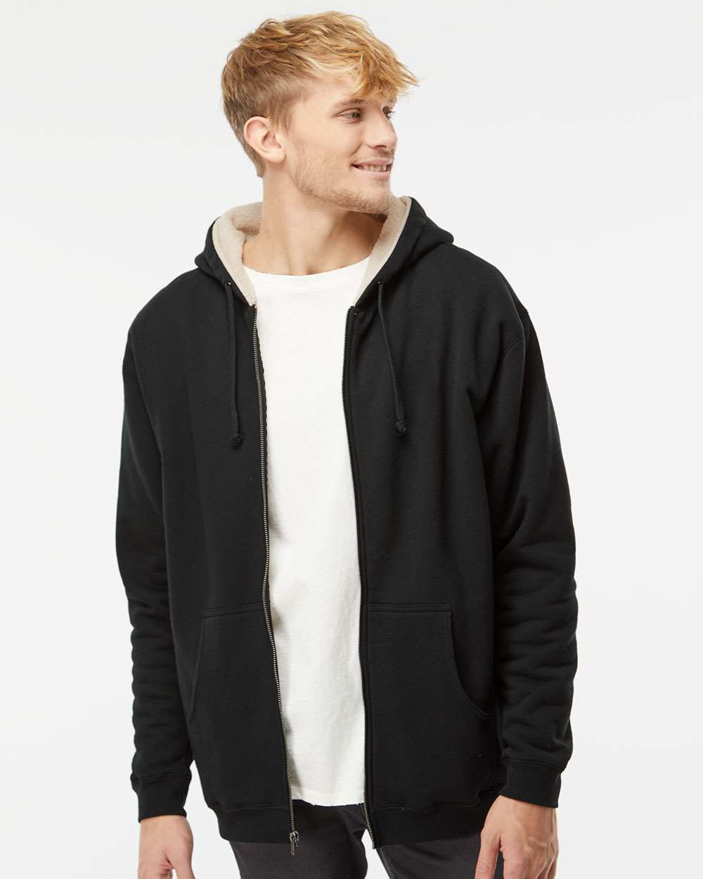Men's Sherpa-Lined Full-Zip Hooded Sweatshirt - OnModelFront - B82076503 - Black/ Natural