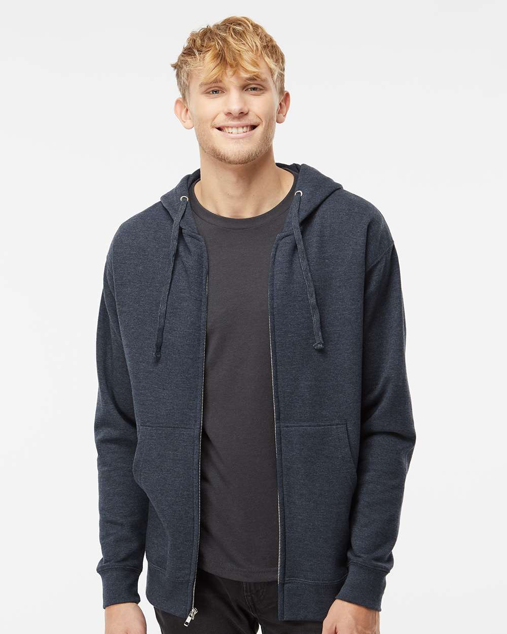 Unisex Midweight Full-Zip Hooded Sweatshirt - OnModelFront - B20176632 - Classic Navy Heather