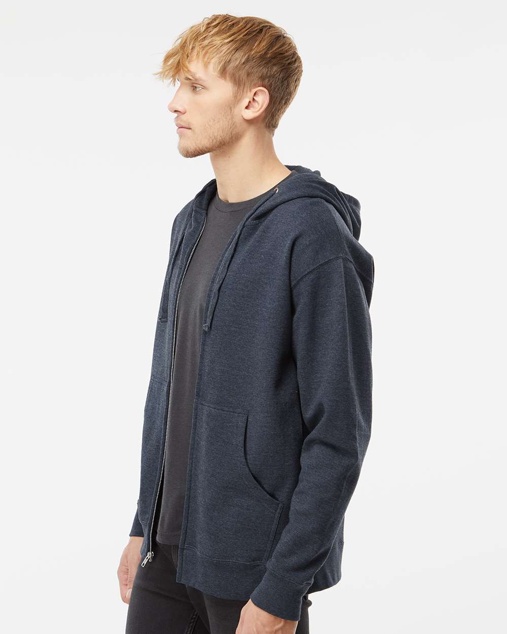 Unisex Midweight Full-Zip Hooded Sweatshirt - OnModelSide - B20176632 - Classic Navy Heather