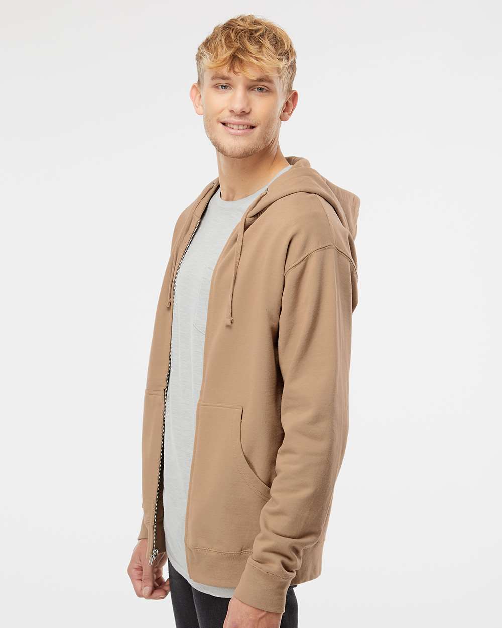 Unisex Midweight Full-Zip Hooded Sweatshirt - OnModelSide - B20176732 - Sandstone