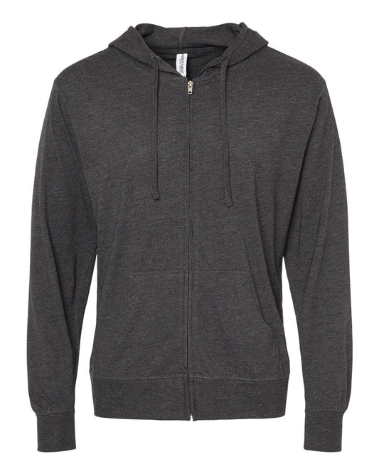 Unisex Lightweight Jersey Full-Zip Hooded T-Shirt - Front - B01876092 - Charcoal Heather