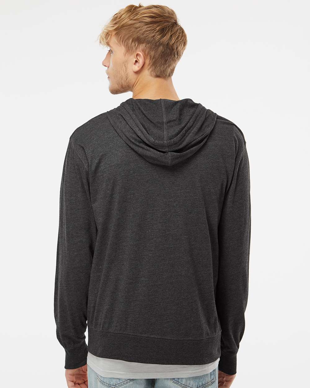 Unisex Lightweight Jersey Full-Zip Hooded T-Shirt - OnModelBack - B01876092 - Charcoal Heather