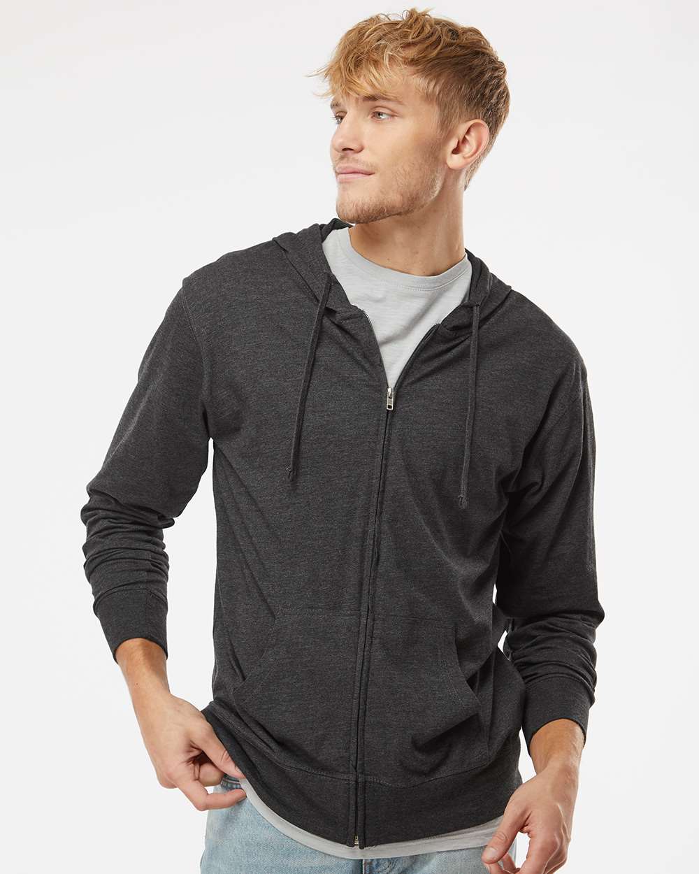 Unisex Lightweight Jersey Full-Zip Hooded T-Shirt - OnModelFront - B01876092 - Charcoal Heather