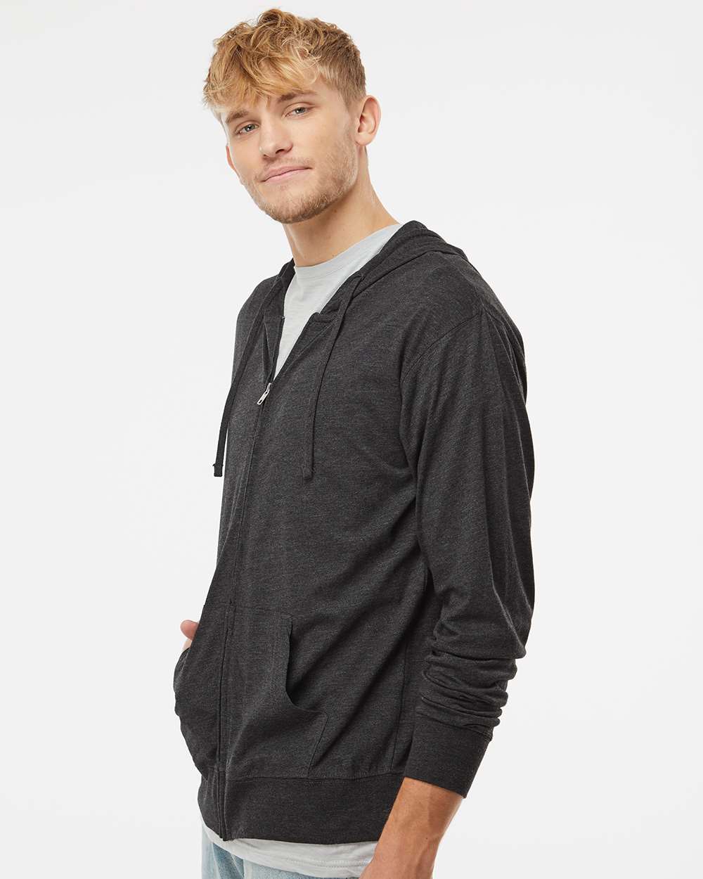 Unisex Lightweight Jersey Full-Zip Hooded T-Shirt - OnModelSide - B01876092 - Charcoal Heather