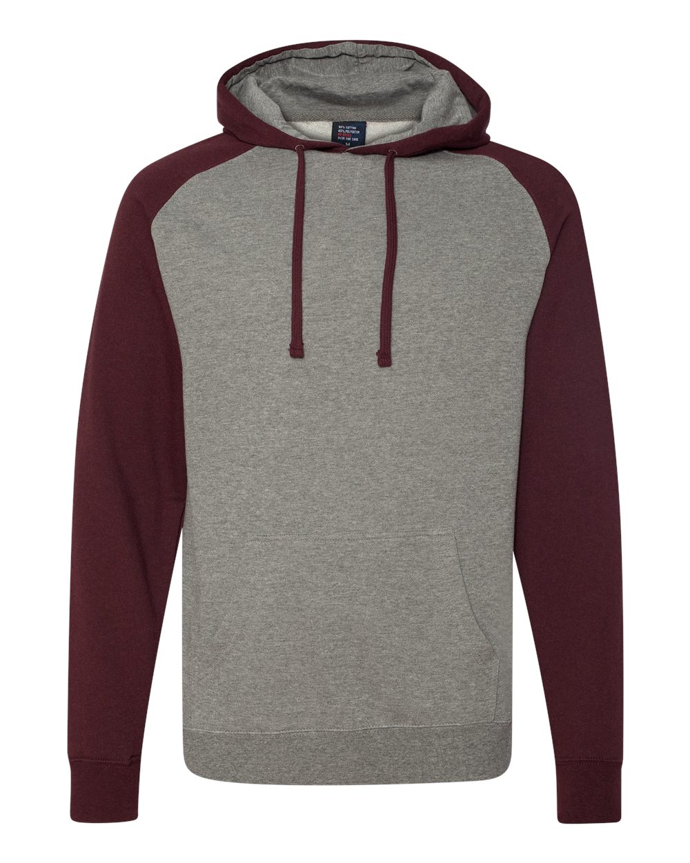 Unisex Raglan Hooded Sweatshirt - Front - B82976522 - Gunmetal Heather/ Burgundy Heather