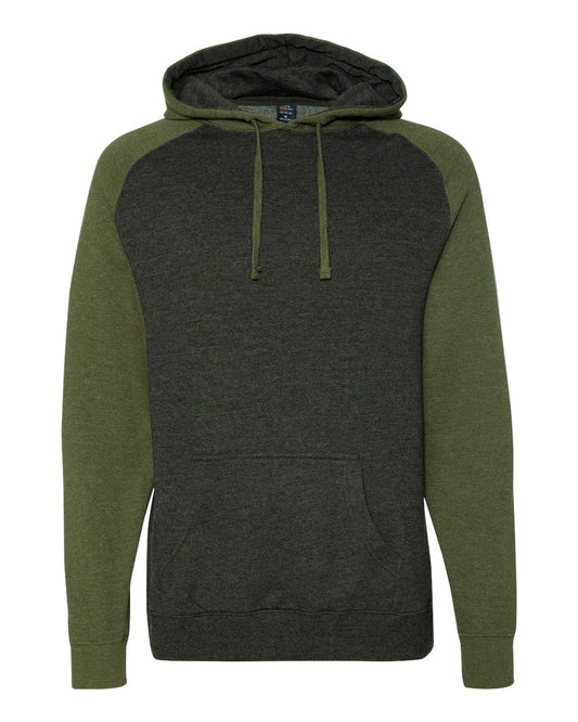 Unisex Raglan Hooded Sweatshirt - Front - B82976642 - Charcoal Heather/ Army Heather
