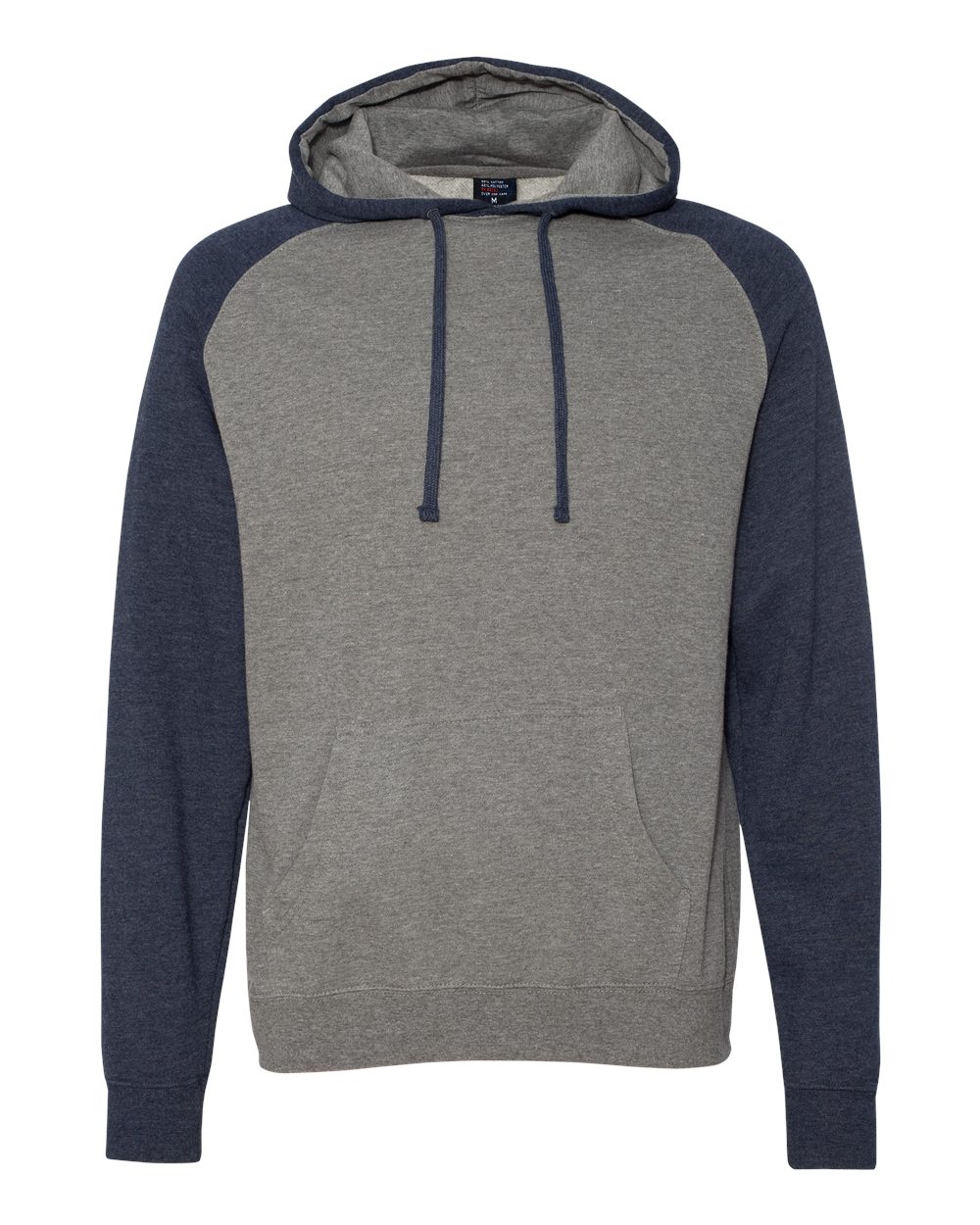 Unisex Raglan Hooded Sweatshirt - Front - B82976652 - Gunmetal Heather/ Classic Navy Heather