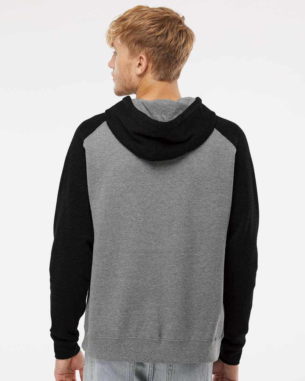 Unisex Raglan Hooded Sweatshirt - OnModelBack - B82976512 - Gunmetal Heather/ Black