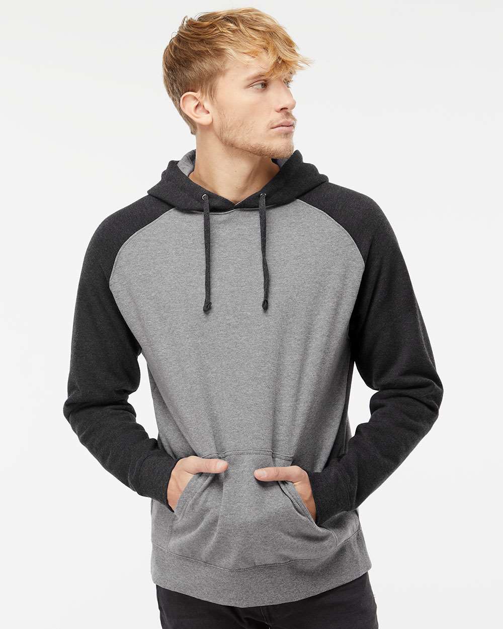Unisex Raglan Hooded Sweatshirt - OnModelFront - B82976092 - Gunmetal Heather/ Charcoal Heather