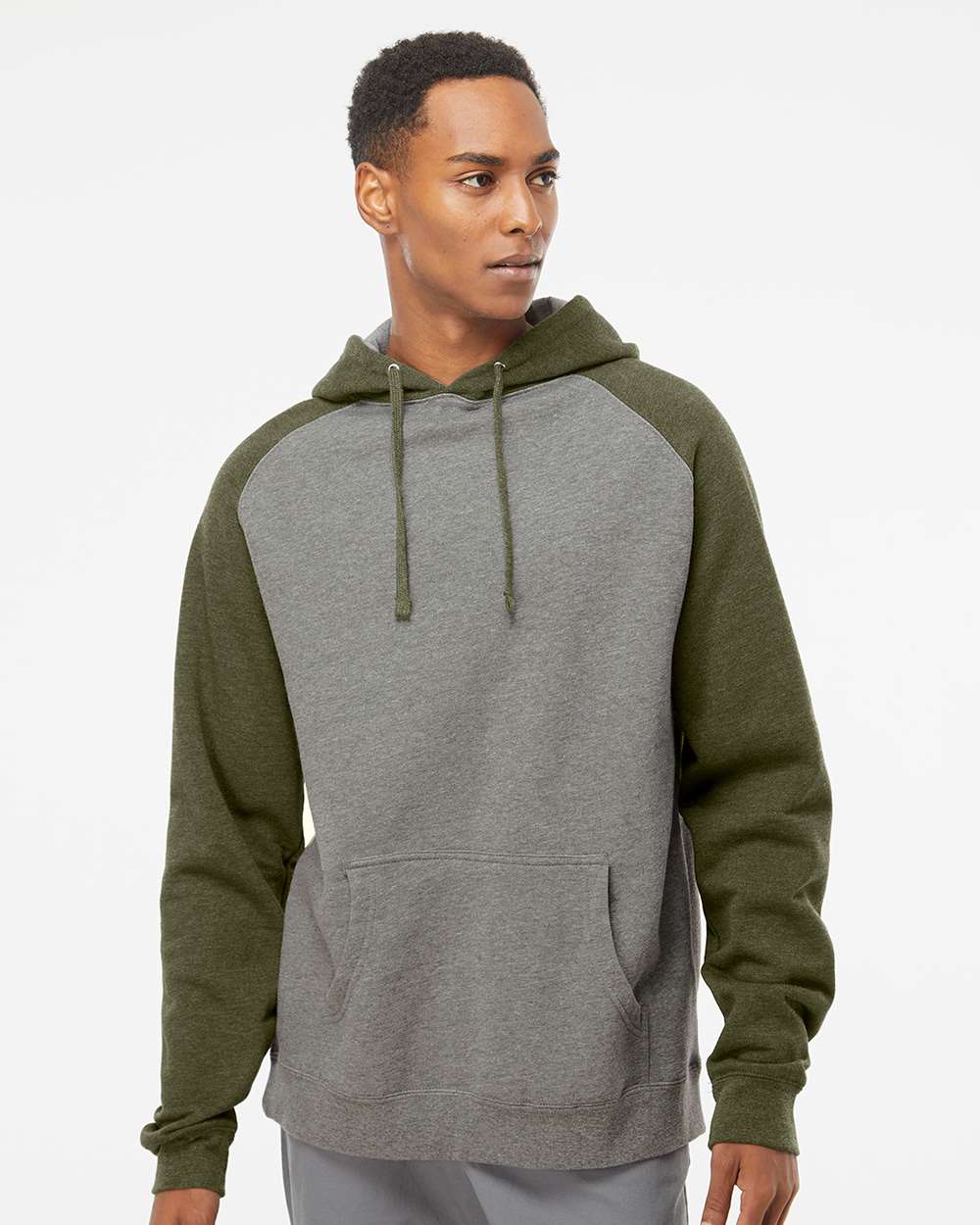 Unisex Raglan Hooded Sweatshirt - OnModelFront - B82976352 - Gunmetal Heather/ Army Heather
