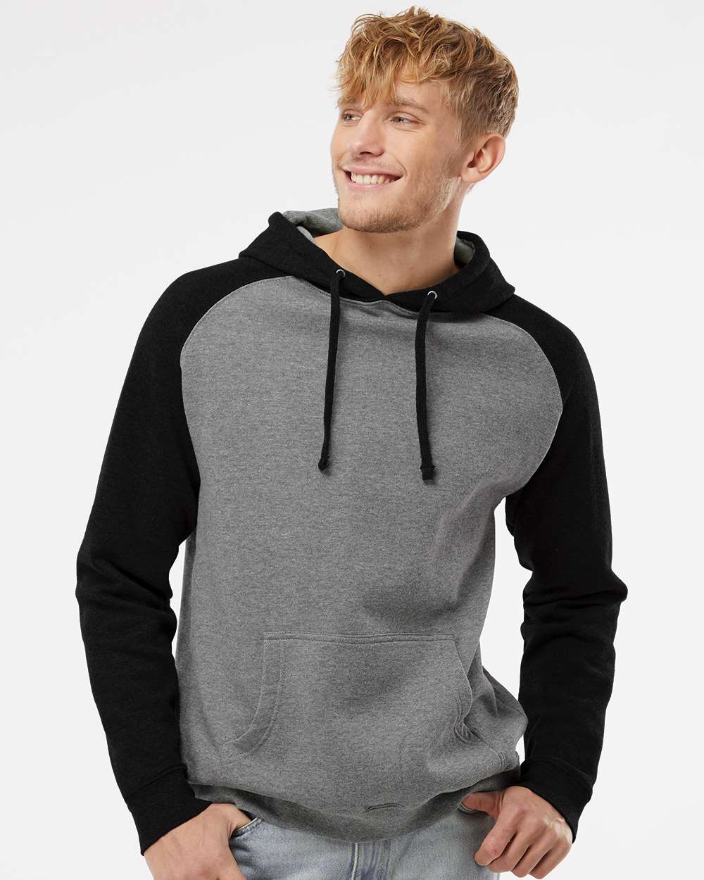 Unisex Raglan Hooded Sweatshirt - OnModelFront - B82976512 - Gunmetal Heather/ Black