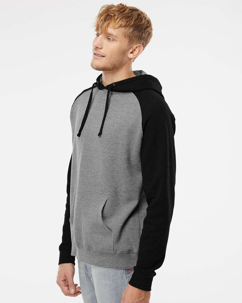 Unisex Raglan Hooded Sweatshirt - OnModelSide - B82976512 - Gunmetal Heather/ Black