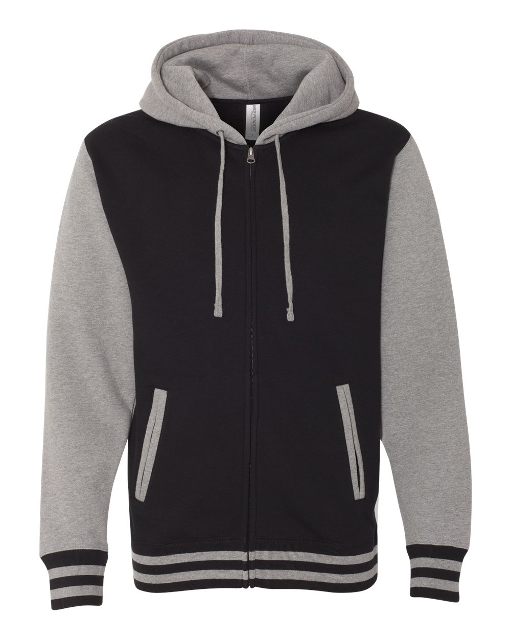 Unisex Heavyweight Varsity Full-Zip Hooded Sweatshirt - Front - B20576502 - Black/ Gunmetal Heather