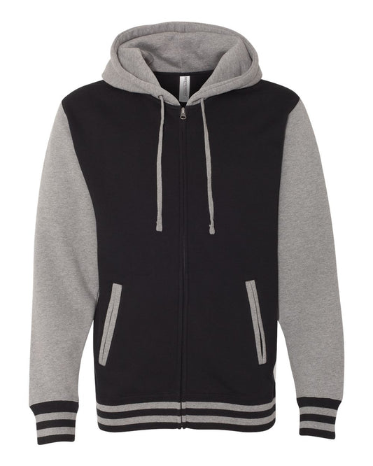 Unisex Heavyweight Varsity Full-Zip Hooded Sweatshirt - Front - B20576502 - Black/ Gunmetal Heather