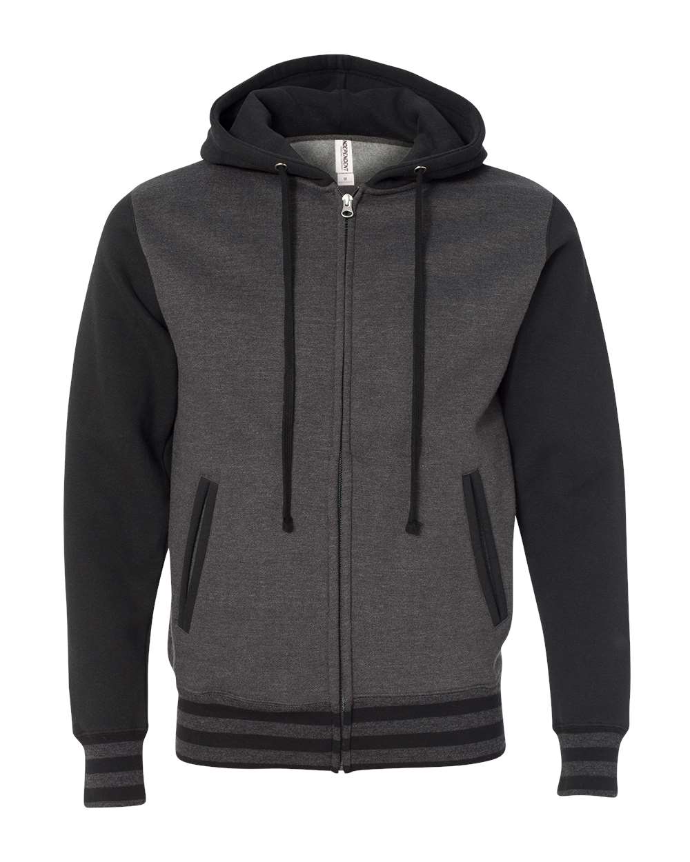 Unisex Heavyweight Varsity Full-Zip Hooded Sweatshirt - Front - B20576512 - Charcoal Heather/ Black