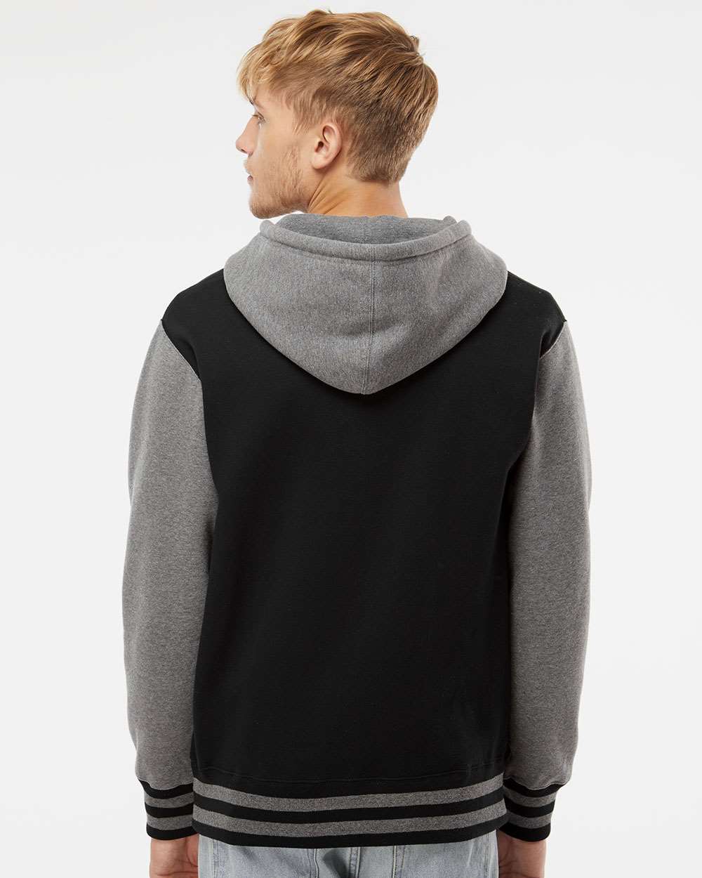 Unisex Heavyweight Varsity Full-Zip Hooded Sweatshirt - OnModelBack - B20576502 - Black/ Gunmetal Heather
