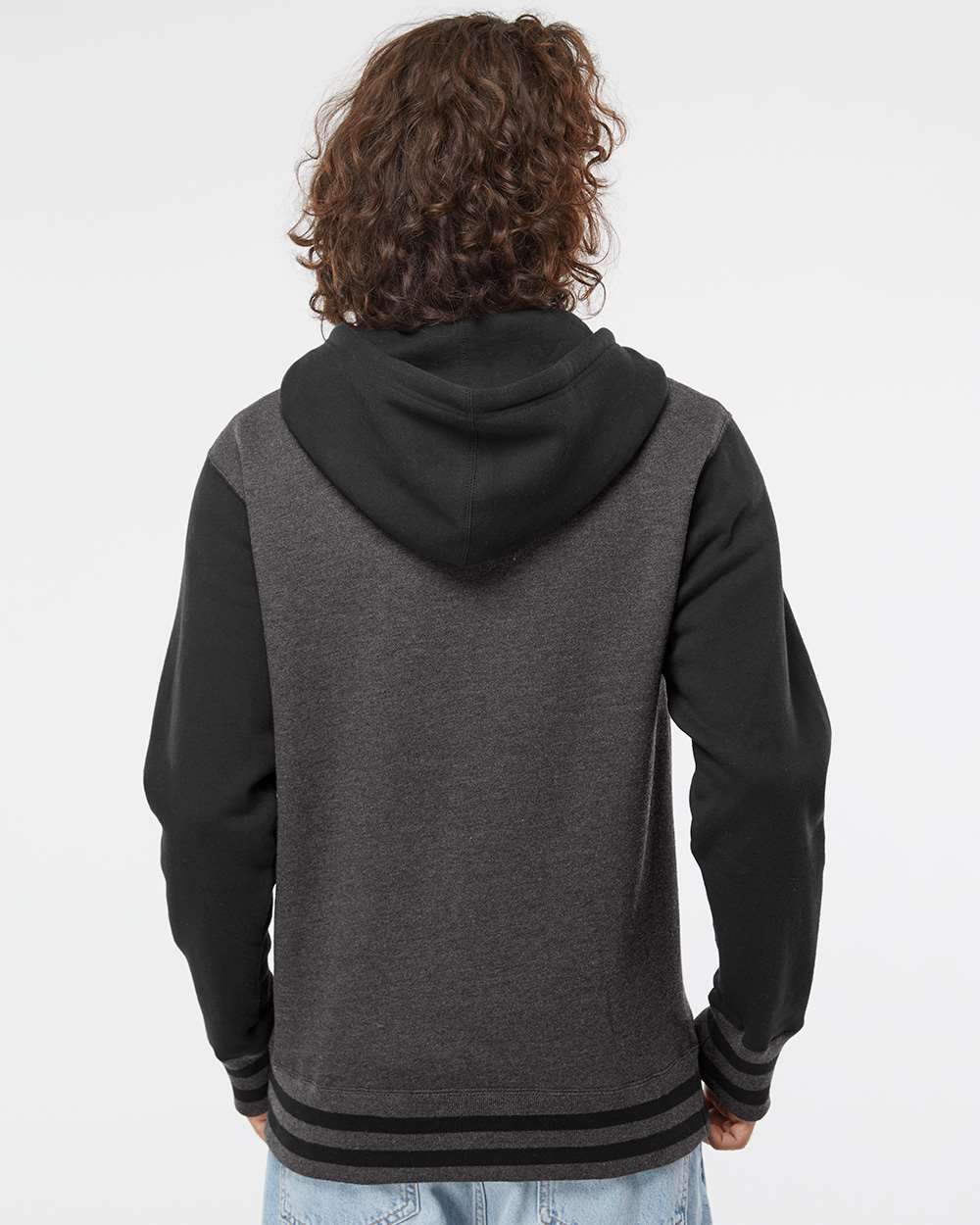 Unisex Heavyweight Varsity Full-Zip Hooded Sweatshirt - OnModelBack - B20576512 - Charcoal Heather/ Black