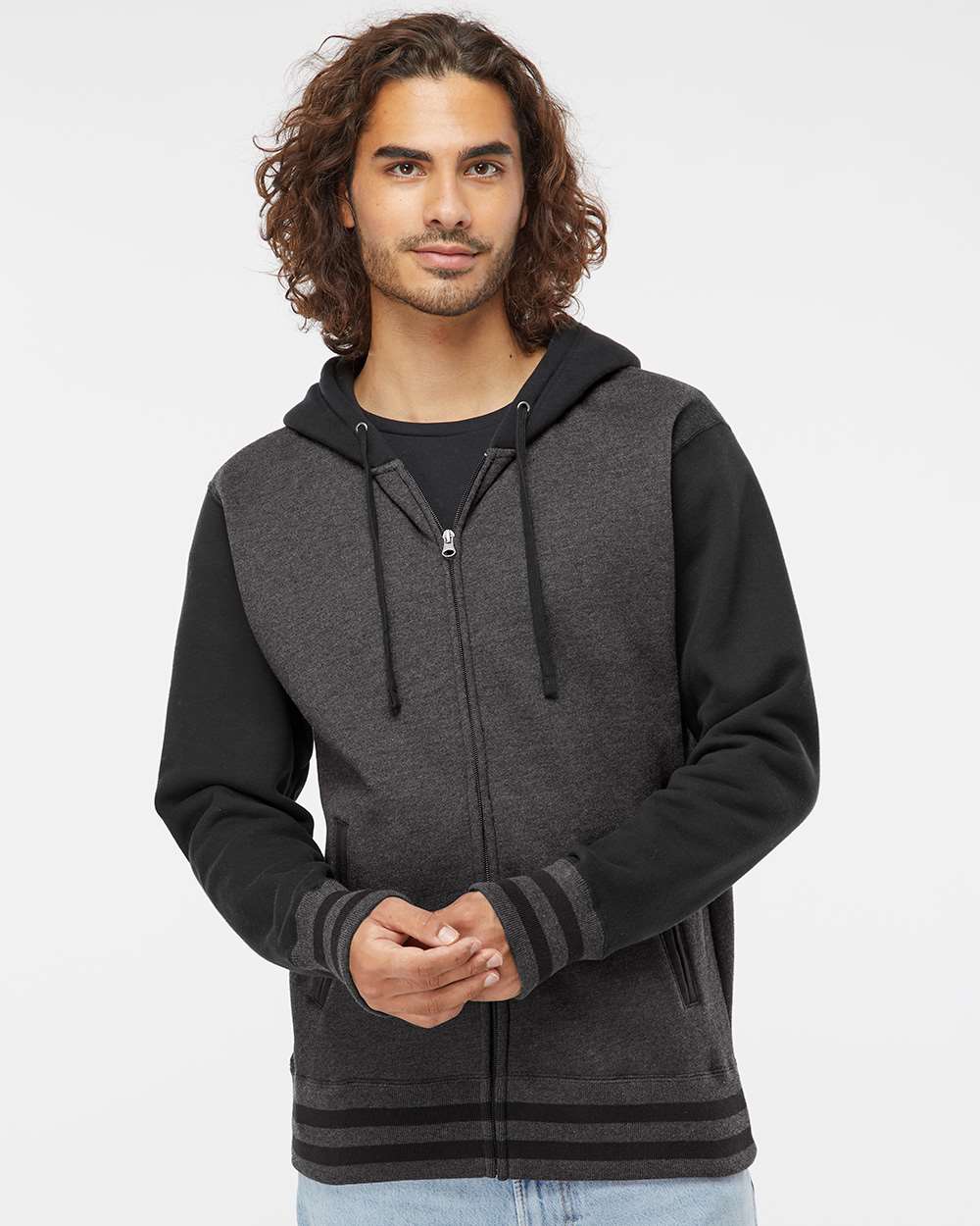 Unisex Heavyweight Varsity Full-Zip Hooded Sweatshirt - OnModelFront - B20576512 - Charcoal Heather/ Black