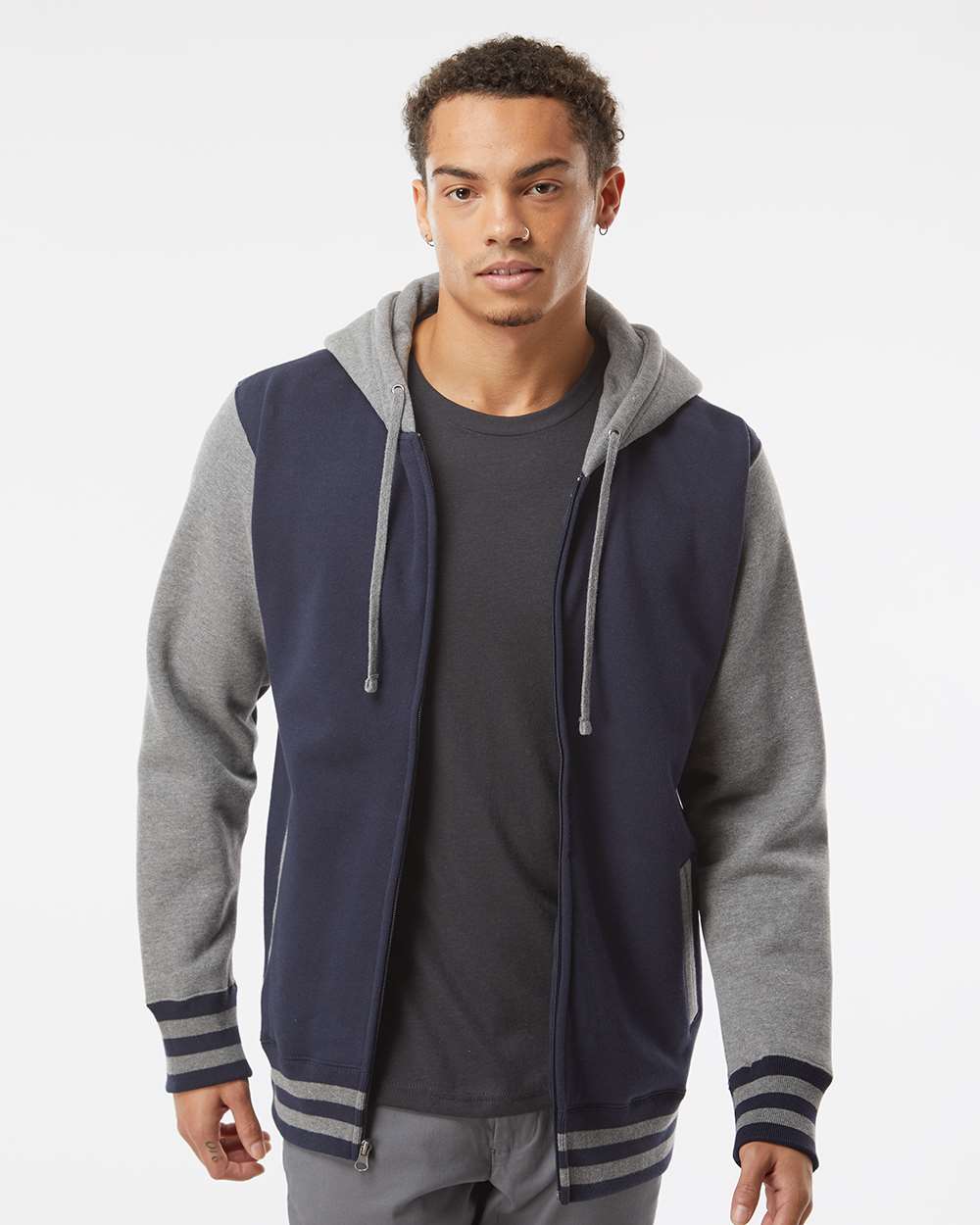 Unisex Heavyweight Varsity Full-Zip Hooded Sweatshirt - OnModelFront - B20576652 - Classic Navy/ Gunmetal Heather
