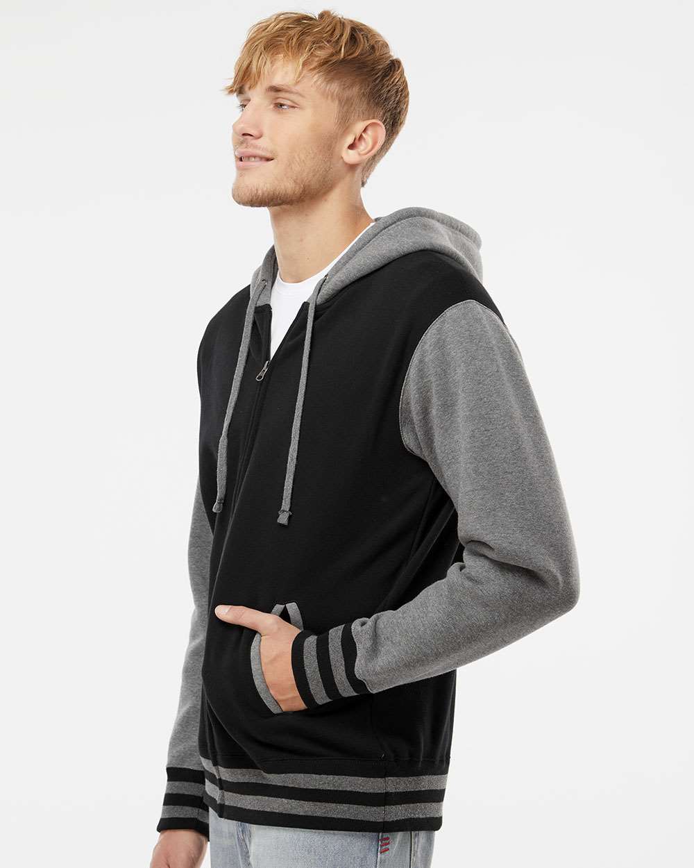 Unisex Heavyweight Varsity Full-Zip Hooded Sweatshirt - OnModelSide - B20576502 - Black/ Gunmetal Heather
