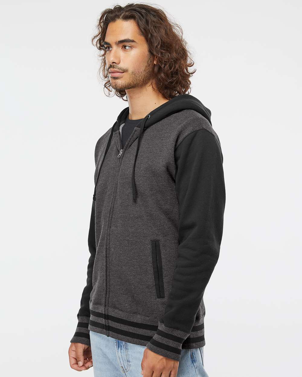 Unisex Heavyweight Varsity Full-Zip Hooded Sweatshirt - OnModelSide - B20576512 - Charcoal Heather/ Black