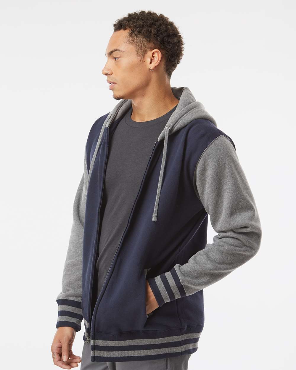 Unisex Heavyweight Varsity Full-Zip Hooded Sweatshirt - OnModelSide - B20576652 - Classic Navy/ Gunmetal Heather