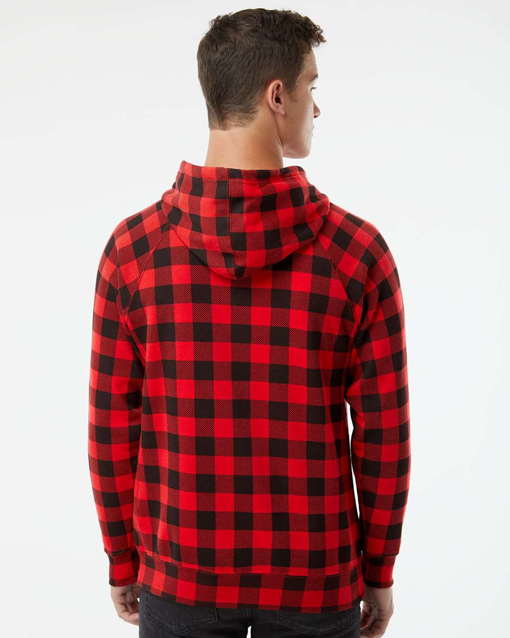 Unisex Special Blend Raglan Hooded Sweatshirt - OnModelBack - B83376712 - Red Buffalo Plaid