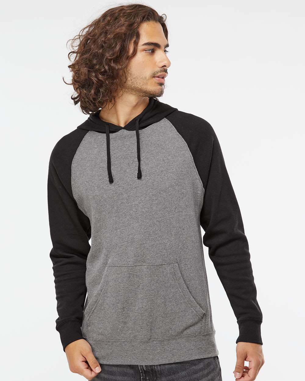Unisex Special Blend Raglan Hooded Sweatshirt - OnModelFront - B83376512 - Nickel Heather/ Black