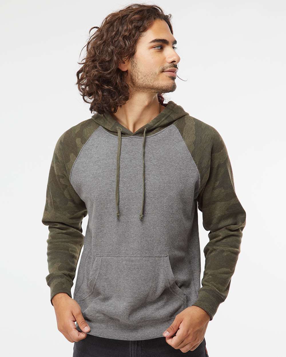 Unisex Special Blend Raglan Hooded Sweatshirt - OnModelFront - B83376982 - Nickel Heather/ Forest Camo