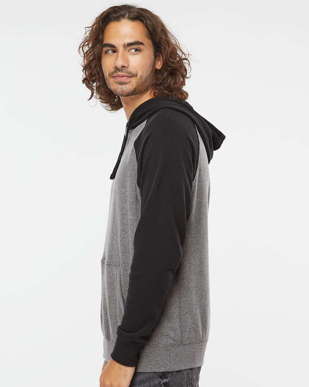 Unisex Special Blend Raglan Hooded Sweatshirt - OnModelSide - B83376512 - Nickel Heather/ Black