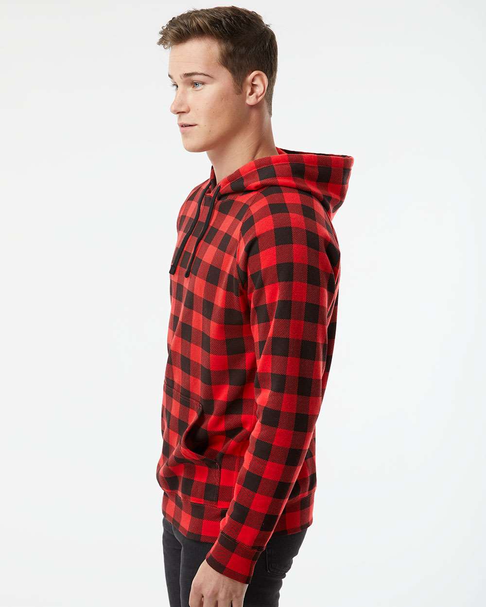 Unisex Special Blend Raglan Hooded Sweatshirt - OnModelSide - B83376712 - Red Buffalo Plaid