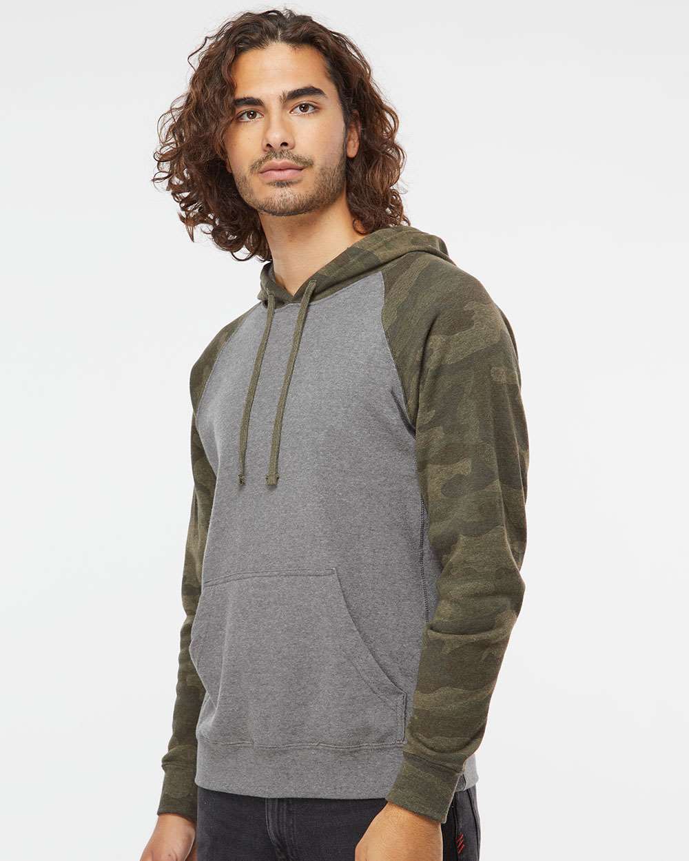 Unisex Special Blend Raglan Hooded Sweatshirt - OnModelSide - B83376982 - Nickel Heather/ Forest Camo