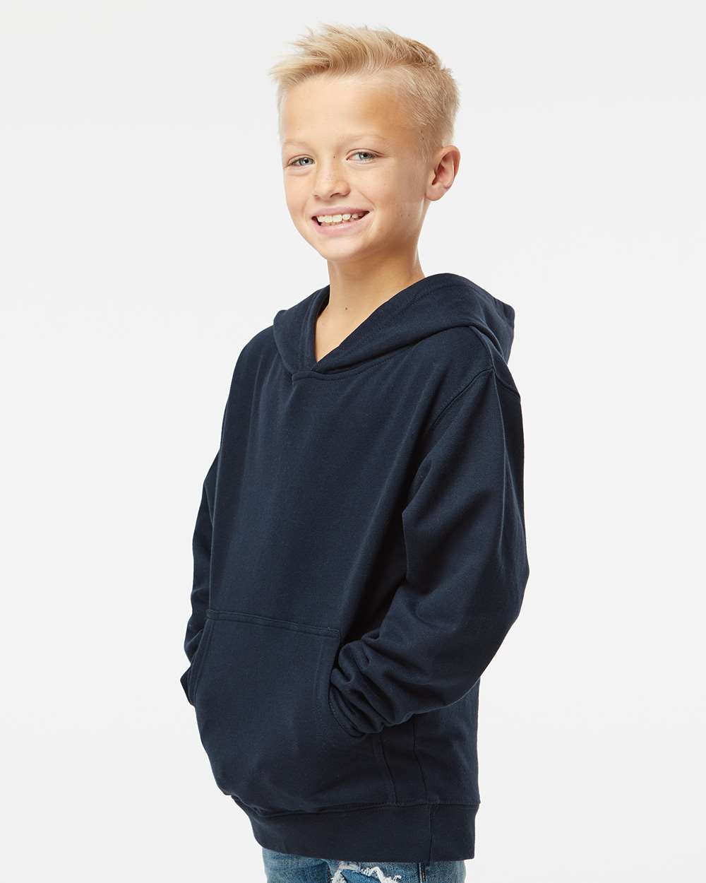 Youth Midweight Hooded Sweatshirt - OnModelSide - B32076653 - Classic Navy