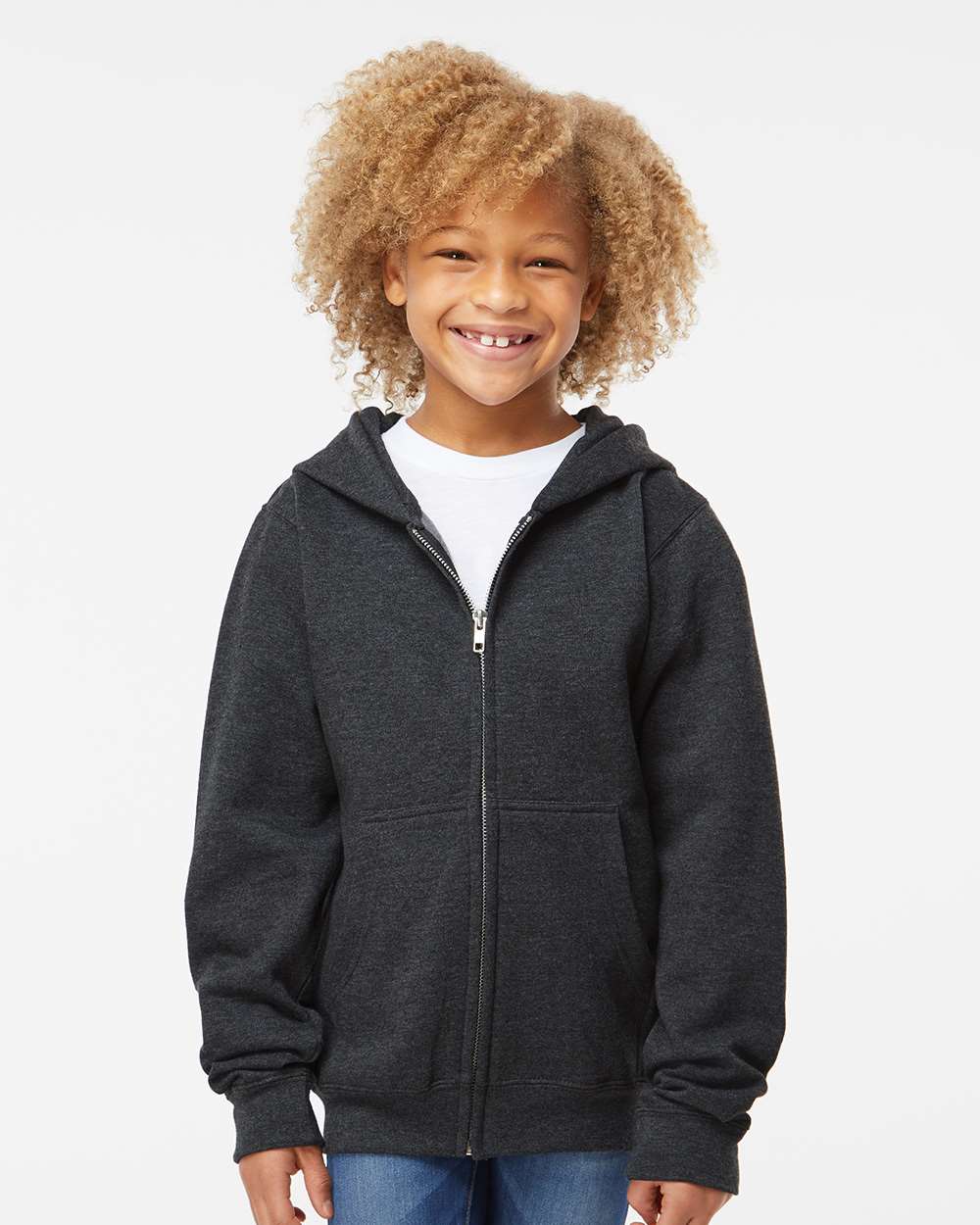 Youth Midweight Full-Zip Hooded Sweatshirt - OnModelFront - B32376093 - Charcoal Heather