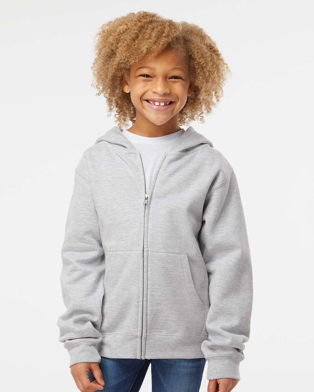 Youth Midweight Full-Zip Hooded Sweatshirt - OnModelFront - B32376353 - Grey Heather