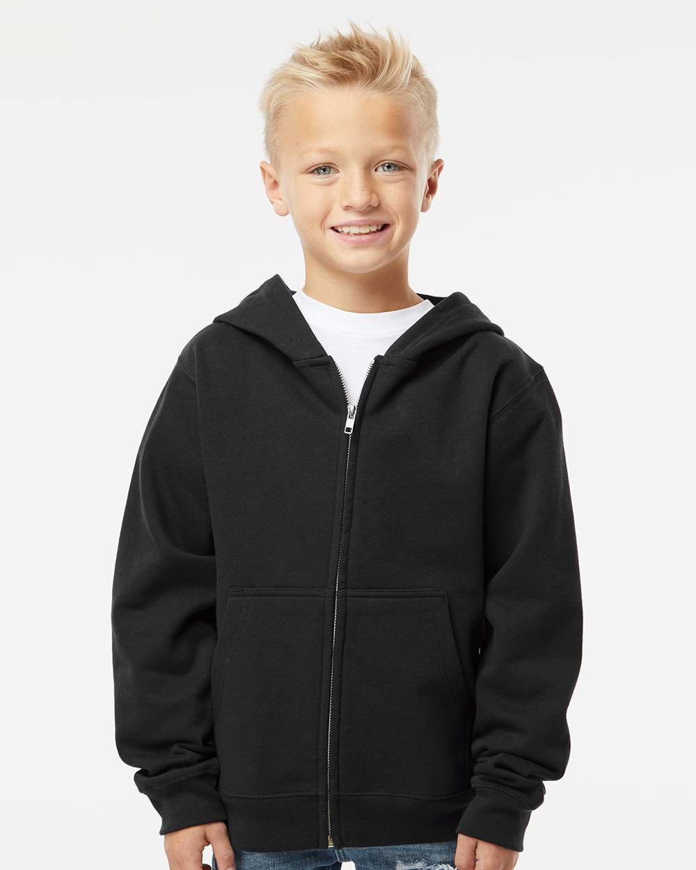 Youth Midweight Full-Zip Hooded Sweatshirt - OnModelFront - B32376503 - Black
