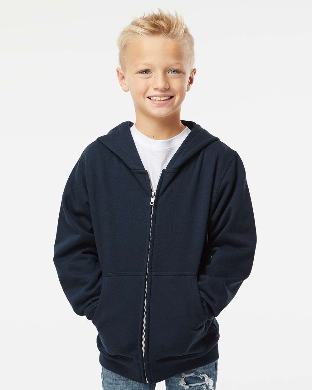 Youth Midweight Full-Zip Hooded Sweatshirt - OnModelFront - B32376653 - Navy