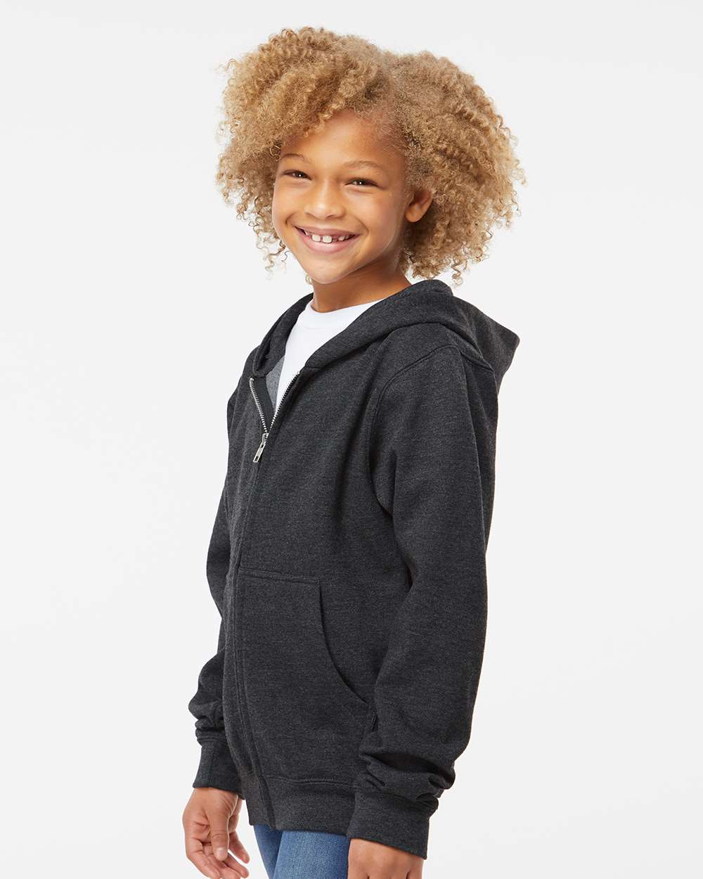 Youth Midweight Full-Zip Hooded Sweatshirt - OnModelSide - B32376093 - Charcoal Heather