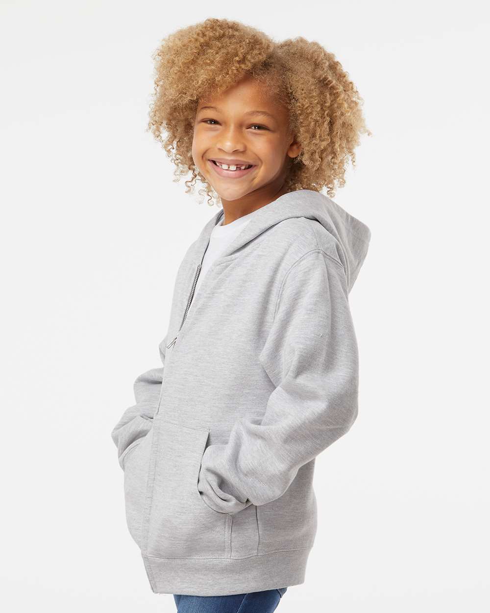 Youth Midweight Full-Zip Hooded Sweatshirt - OnModelSide - B32376353 - Grey Heather