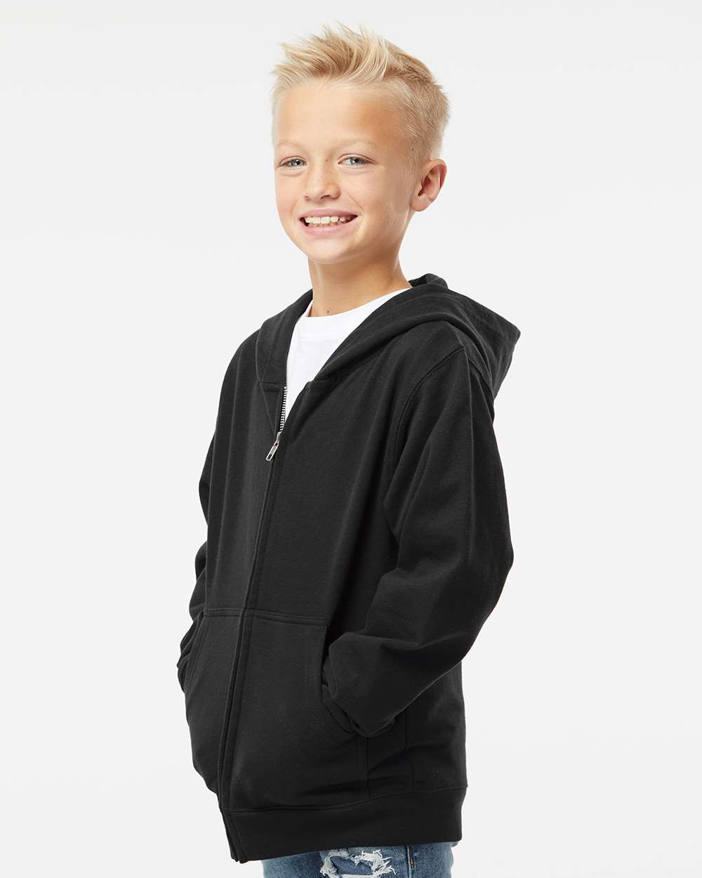 Youth Midweight Full-Zip Hooded Sweatshirt - OnModelSide - B32376503 - Black